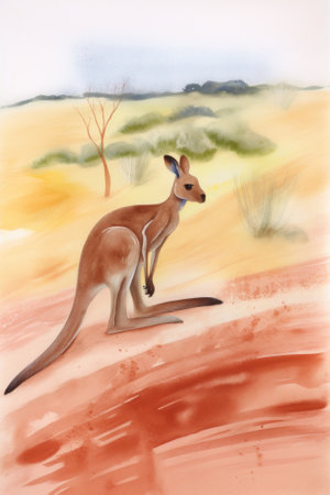 A painting of a kangaroo in the desert. Generative AI image.の素材