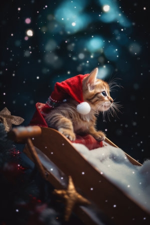 A kitten sitting on a sled in the snow. Generative AI image.の素材