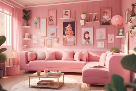 A living room with a pink couch and pink walls. Generative AI image.の素材