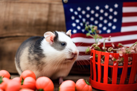 A hamster sitting next to a basket of tomatoes. Generative AI image.の素材
