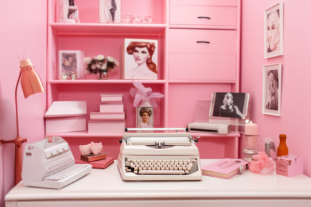 A pink room with a typewriter and a desk. Generative AI image.の素材