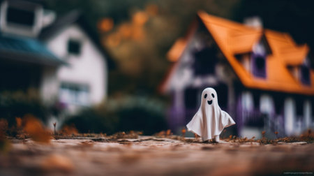 A toy ghost standing in front of a house. Generative AI image.の素材