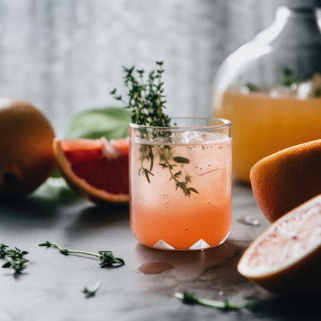 A close up of a drink in a glass on a table. Generative AI image.の素材