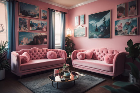 A living room with pink couches and pictures on the wall. Generative AI image.の素材