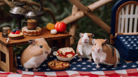 A group of hamsters sitting around a table with food. Generative AI image.の素材