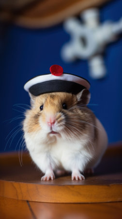 A brown and white hamster wearing a hat. Generative AI image.の素材