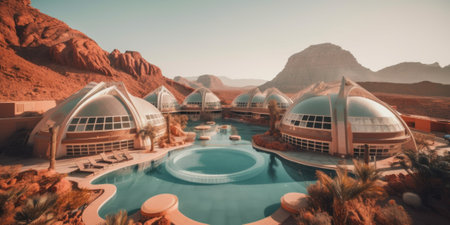 A pool in a desert with a mountain in the background. Generative AI image.の素材
