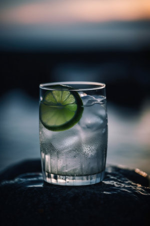 A glass of water with a lime slice in it. Generative AI image.の素材