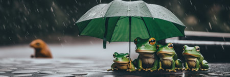 A group of frogs sitting under an umbrella in the rain. Generative AI image.の素材