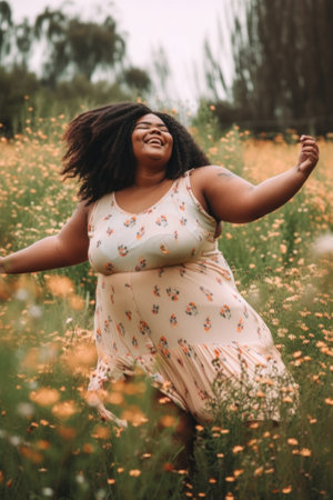 A woman in a floral dress standing in a field of flowers. Generative AI image.の素材