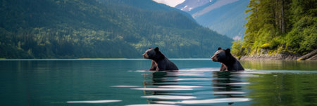 Two brown bears standing in the water with mountains in the background. Generative AI image.の素材