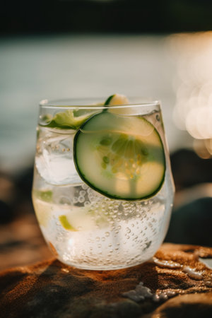A glass of water with a cucumber slice in it. Generative AI image.の素材