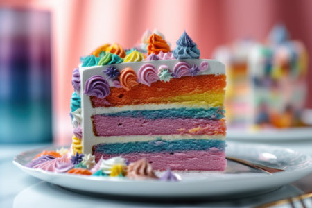 A slice of rainbow cake on a plate. Generative AI image.の素材