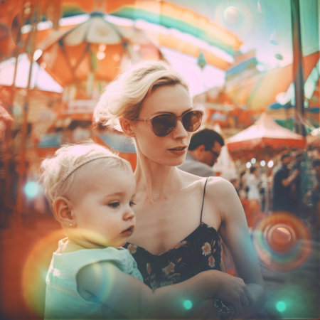 A woman holding a baby in her arms. Generative AI image.の素材