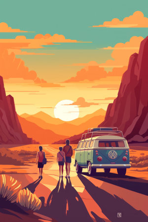 A couple of people standing next to a van. Generative AI image.の素材
