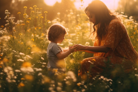 A woman and a child in a field of flowers. Generative AI image.の素材