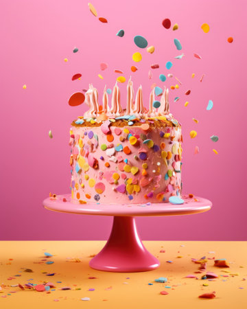 A birthday cake with candles and confetti sprinkles. Generative AI image.の素材