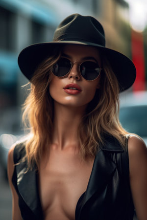 A woman wearing a black hat and sunglasses. Generative AI image.の素材