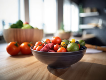 A bowl of fruit and vegetables on a table. Generative AI image.の素材