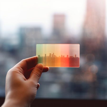 A person holding up a piece of glass with a city in the background. Generative AI image.の素材
