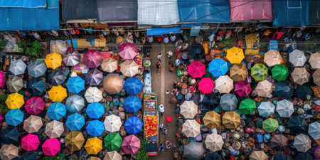 An overhead view of a crowd of people with umbrellas. Generative AI image.の素材