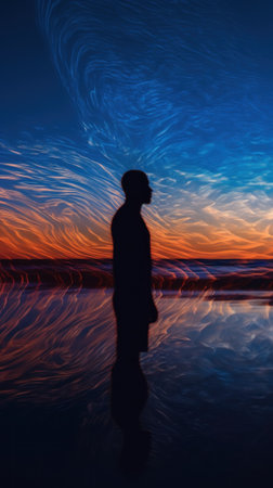A silhouette of a man standing in front of a sunset. Generative AI image.の素材