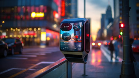A city street with a bus stop sign on the side of the road. Generative AI image.の素材
