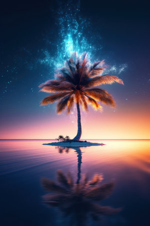 A palm tree on an island in the middle of the ocean. Generative AI image.の素材