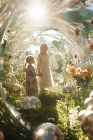 A couple of women standing next to each other in a field. Generative AI image.の素材