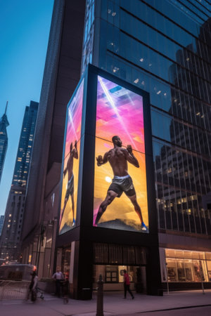 A large billboard with a picture of a man on it. Generative AI image.の素材