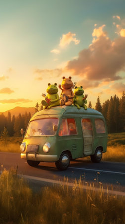 A van with a bunch of stuffed animals on top of it. Generative AI image.の素材