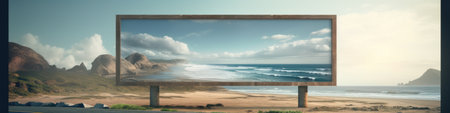 A billboard with a picture of a beach on it. Generative AI image.の素材