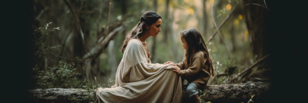 A woman sitting next to a little girl on a log. Generative AI image.の素材