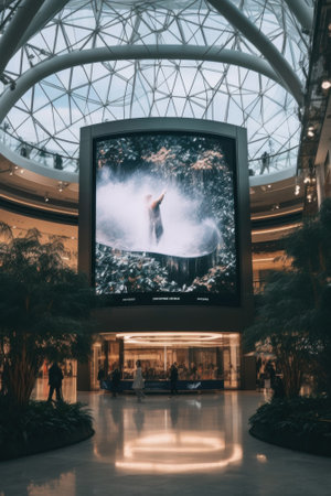 A large screen in a building with people walking around. Generative AI image.の素材