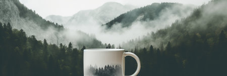 A white coffee mug sitting on top of a wooden table. Generative AI image.の素材