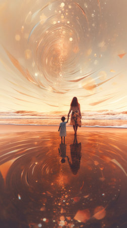 A woman and a child walking on a beach. Generative AI image.の素材