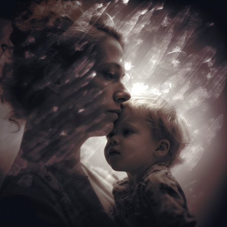 A woman holding a child in her arms. Generative AI image.の素材