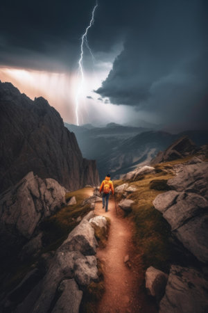 A person walking on a trail with a lightning bolt in the background. Generative AI image.の素材
