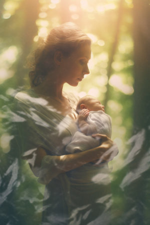 A woman holding a baby in a forest. Generative AI image.の素材