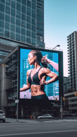 A woman in a black bra top on a billboard. Generative AI image.の素材