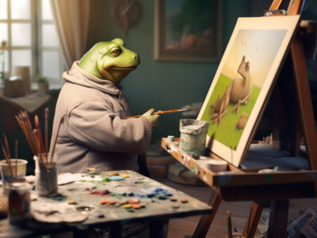 A frog is painting a picture on a easel. Generative AI image.の素材