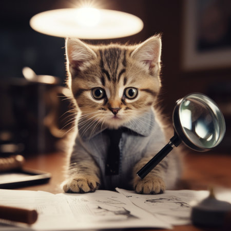 A small kitten sitting on a desk with a magnifying glass. Generative AI image.の素材
