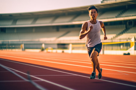 A man running on a track in a stadium. Generative AI image.の素材