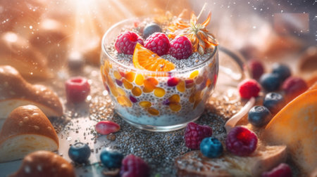 A glass bowl filled with fruit next to bread. Generative AI image.の素材