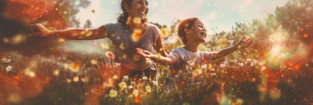 A couple of people standing in a field of flowers. Generative AI image.の素材