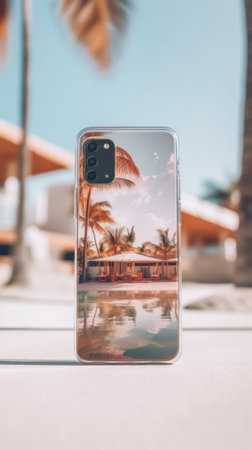 A clear phone case with a picture of a beach. Generative AI image.の素材