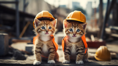 Two kittens wearing hard hats on a construction site. Generative AI image.の素材