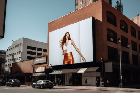 A woman in a white top is on a large billboard. Generative AI image.の素材