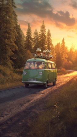 A green van driving down a road next to a forest. Generative AI image.の素材