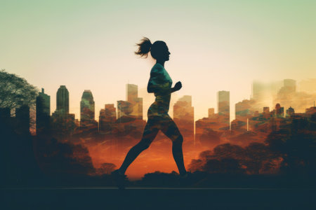 A silhouette of a woman running in a city. Generative AI image.の素材